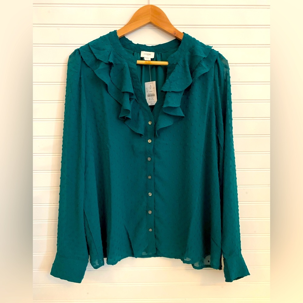 J CREW NWT Clip Dot Green Blouse double lined body Size XL